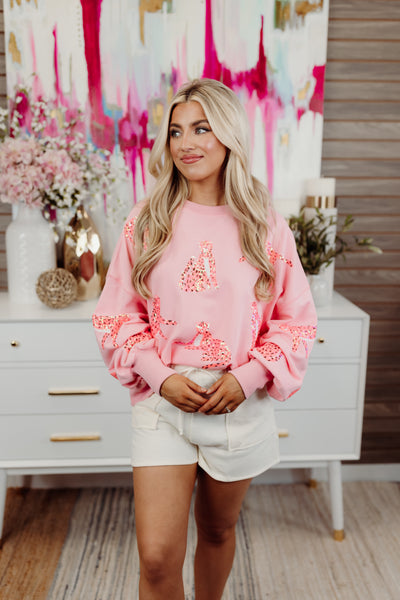 Pink Sequin Cheetah Loose Fit Sweatshirt