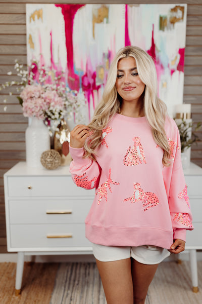 Pink Sequin Cheetah Loose Fit Sweatshirt