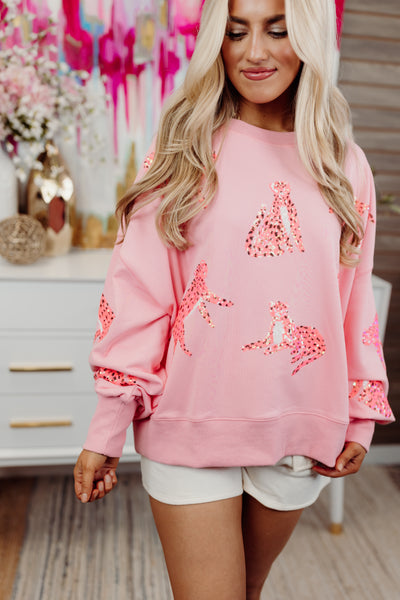 Pink Sequin Cheetah Loose Fit Sweatshirt