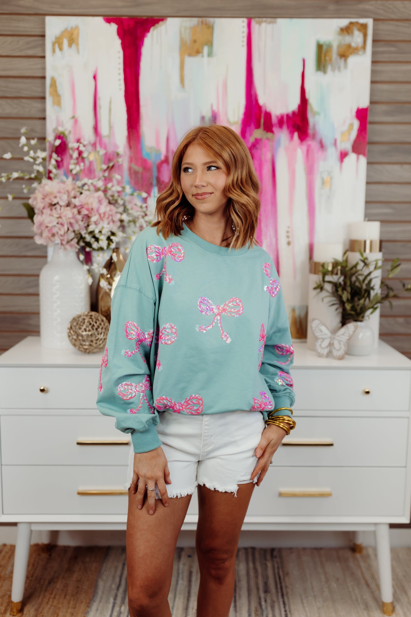 Sage Sequin Bows French Terry Sweatshirt