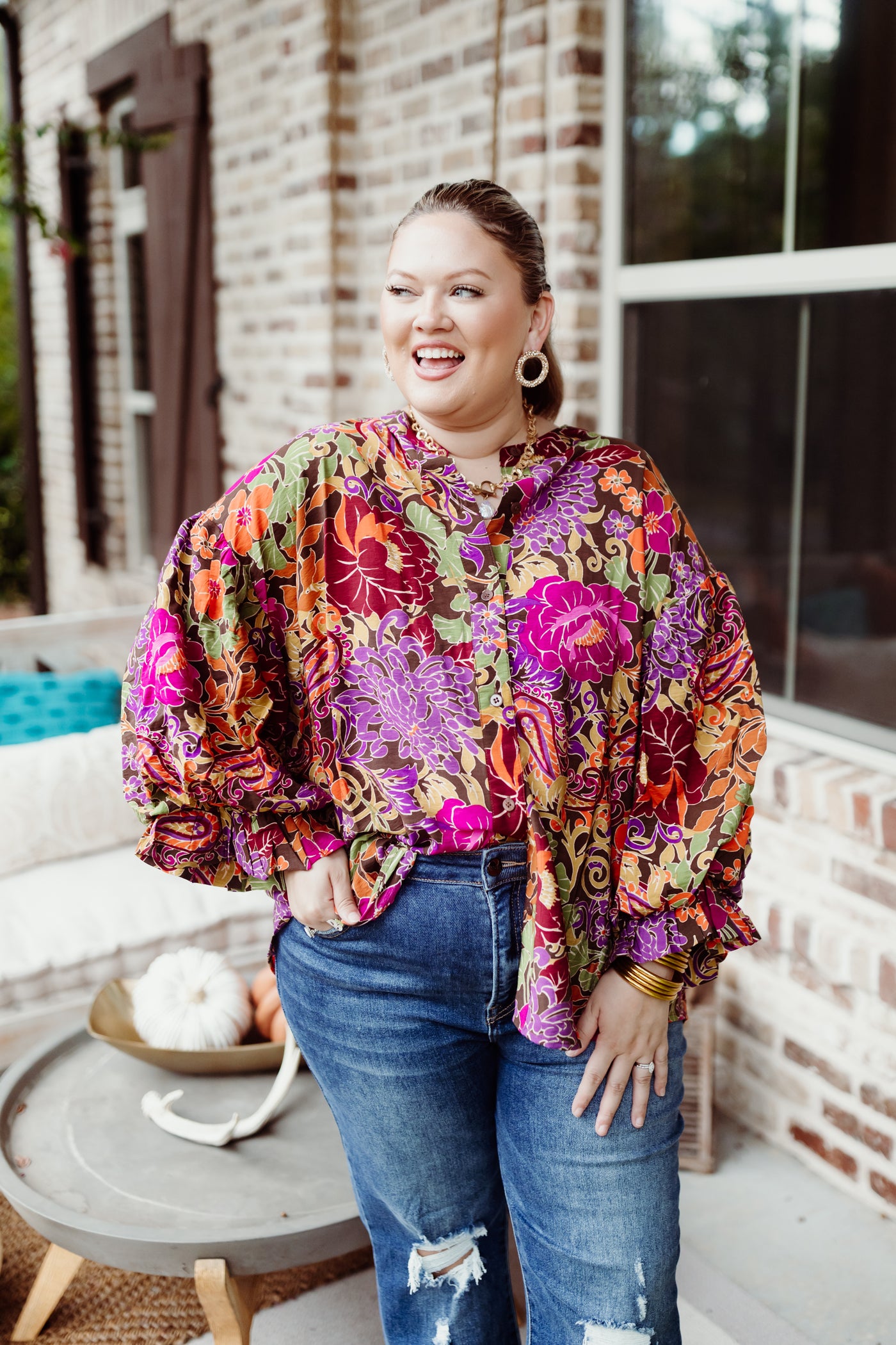 Brown and Tangerine Mix Bubble Sleeve Floral Blouse