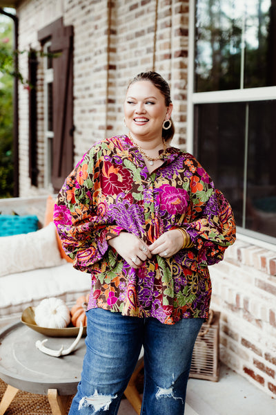 Brown and Tangerine Mix Bubble Sleeve Floral Blouse