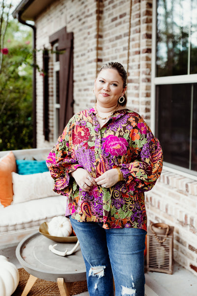 Brown and Tangerine Mix Bubble Sleeve Floral Blouse