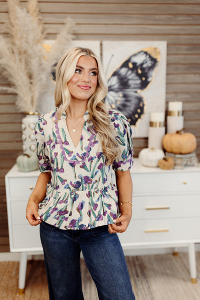 Ecru Floral Scallop Detail Notch Neck Blouse