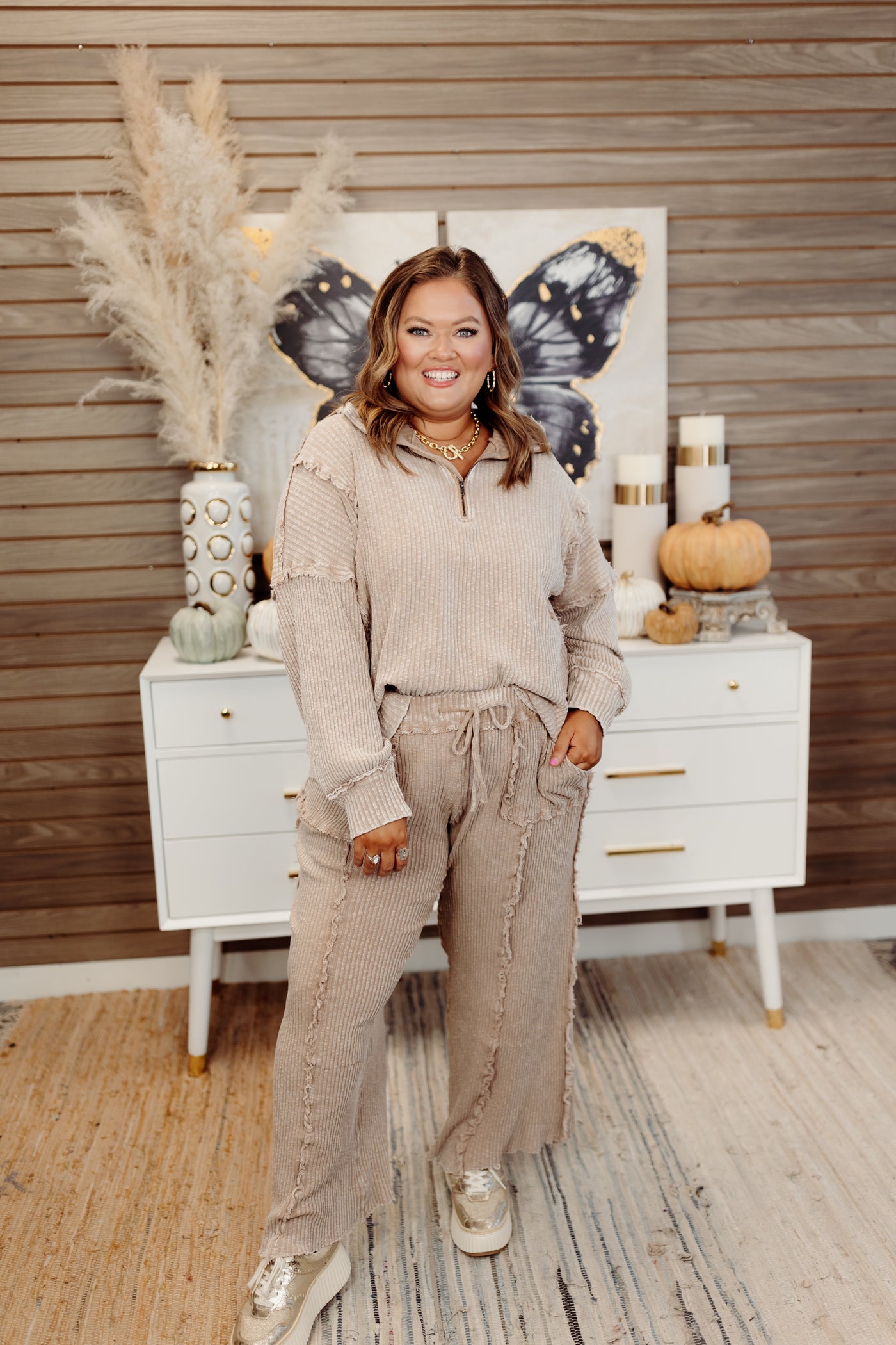 Mocha Ribbed 1/4 Zip Pullover and Pant Set