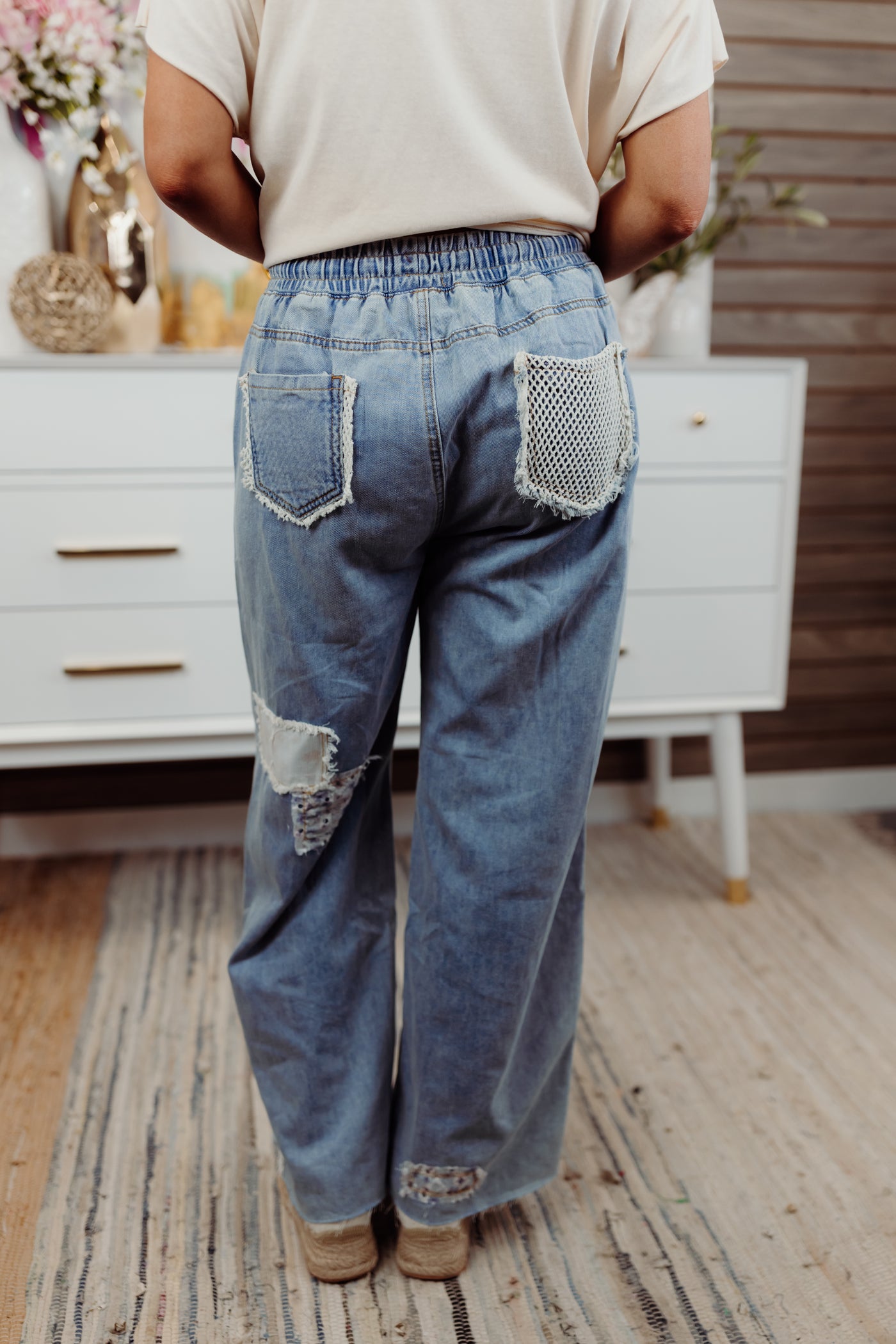 Denim Patch Detail Wide Leg Pants