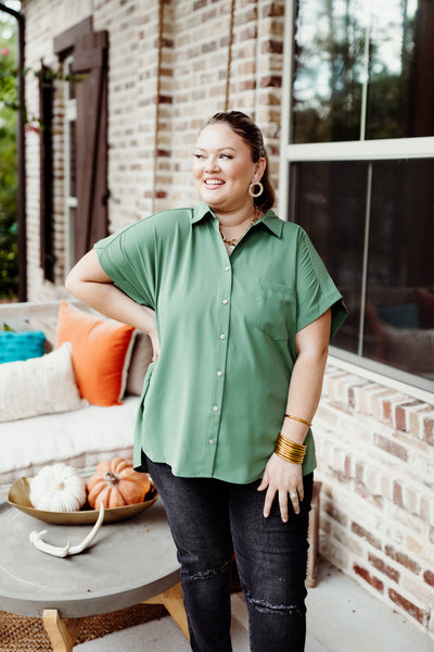 Artichoke Button Down Collared Pocket Blouse