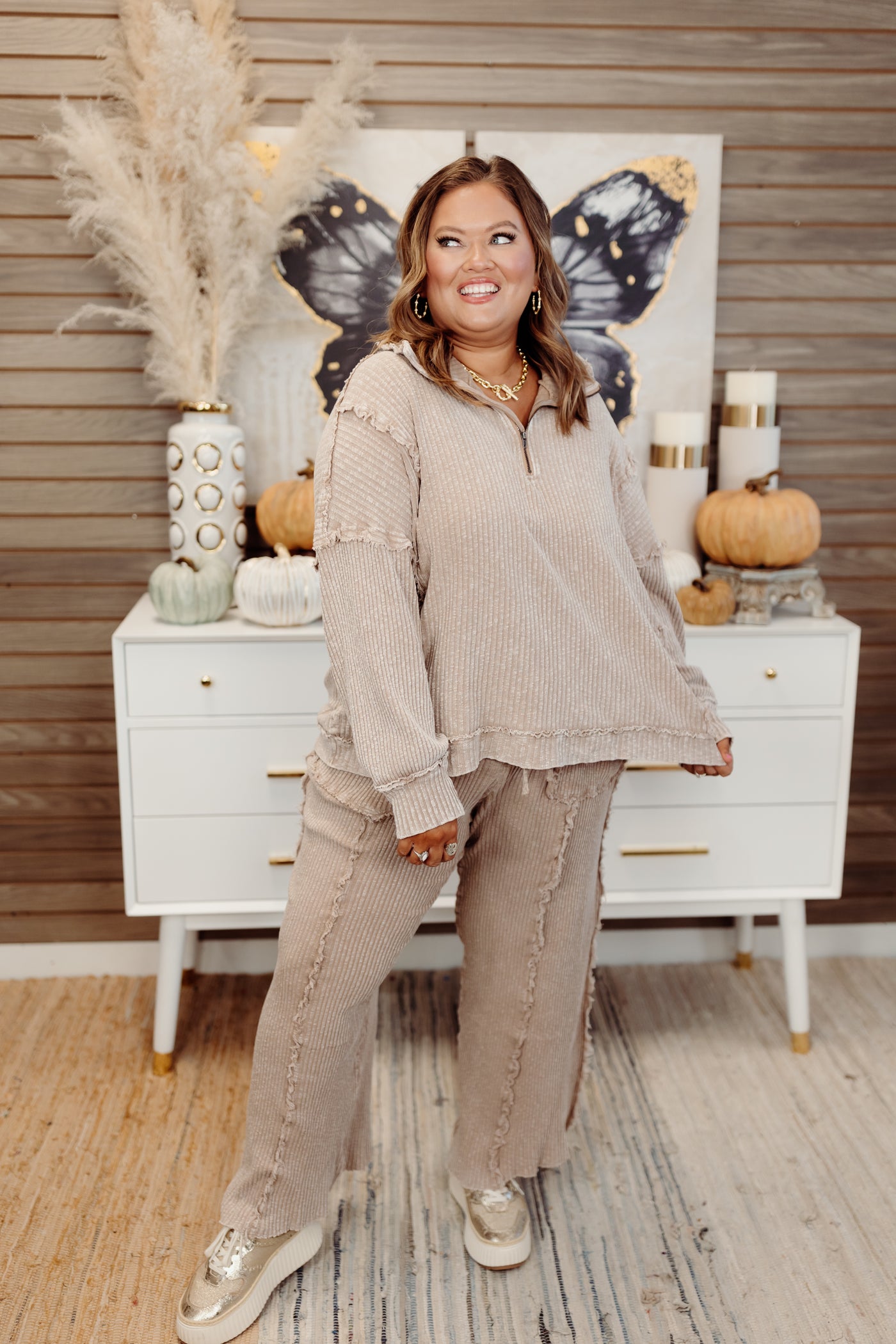 Mocha Ribbed 1/4 Zip Pullover and Pant Set