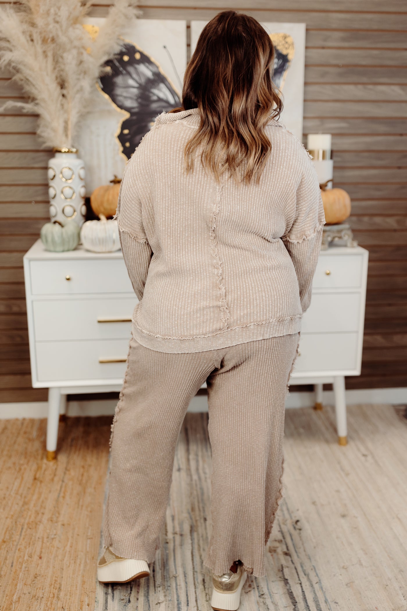 Mocha Ribbed 1/4 Zip Pullover and Pant Set