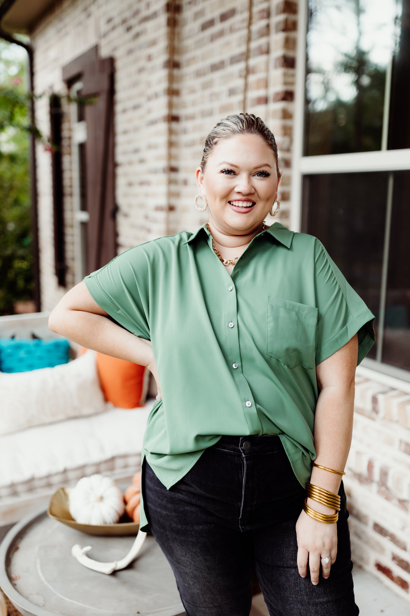 Artichoke Button Down Collared Pocket Blouse