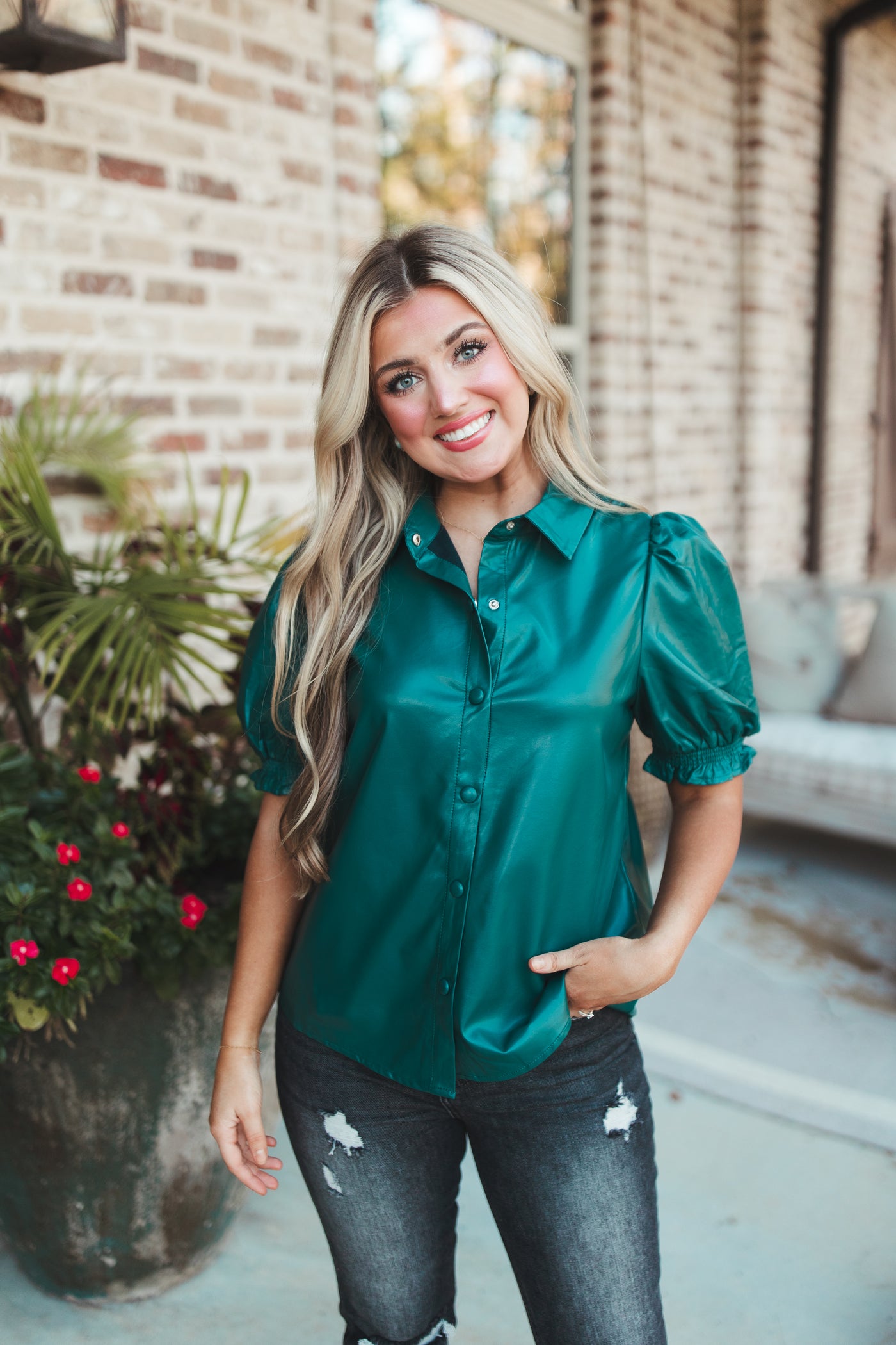 Green Faux Leather Puff Sleeve Button Blouse