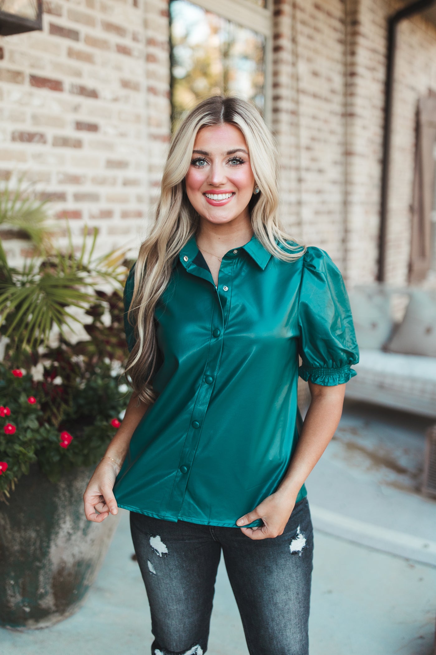 Green Faux Leather Puff Sleeve Button Blouse