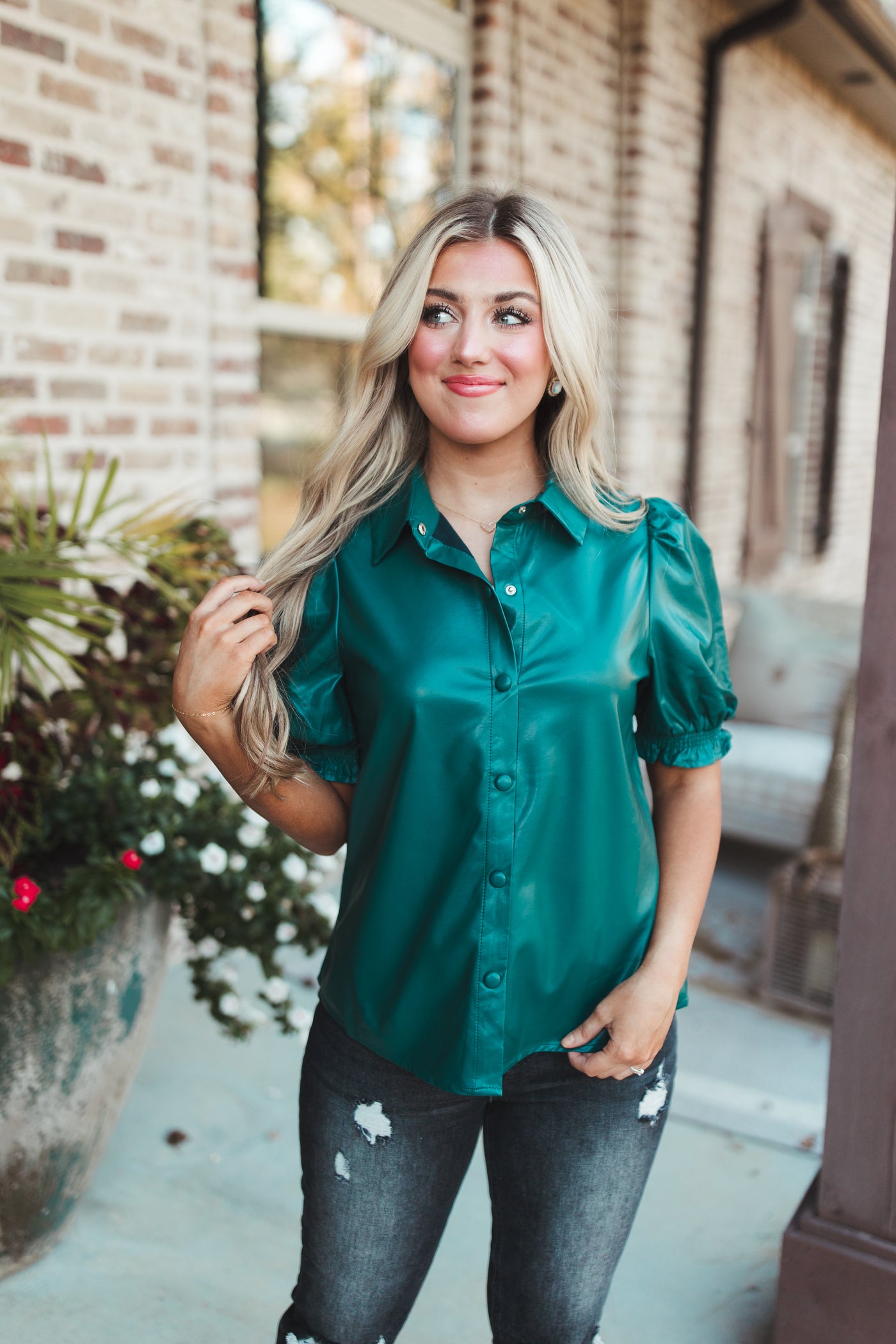 Green Faux Leather Puff Sleeve Button Blouse