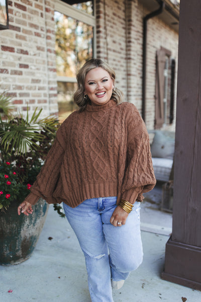 Camel Cable Knit Turtleneck Poncho