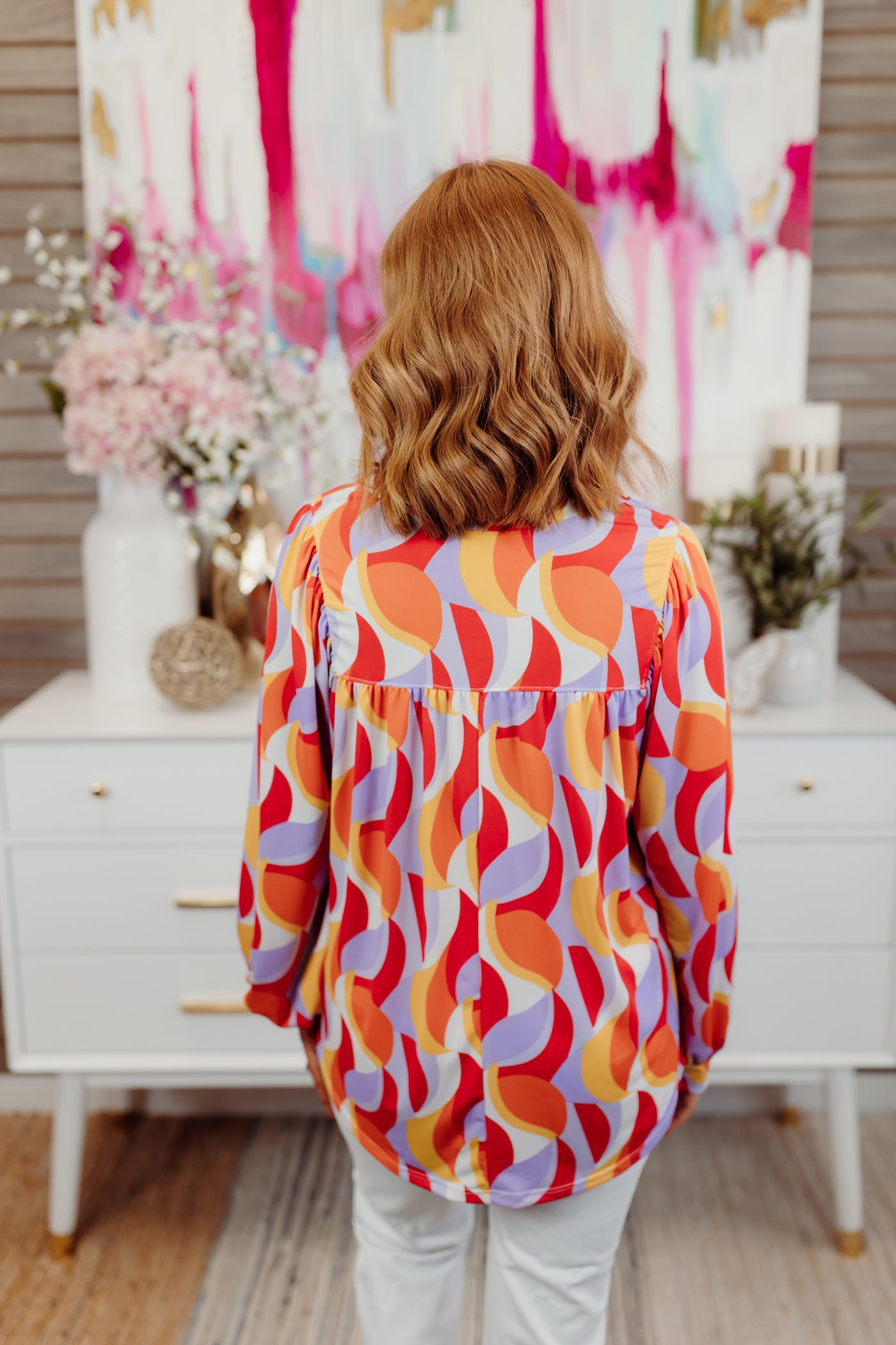 Multicolor Geo Print Notch Neck LS Blouse