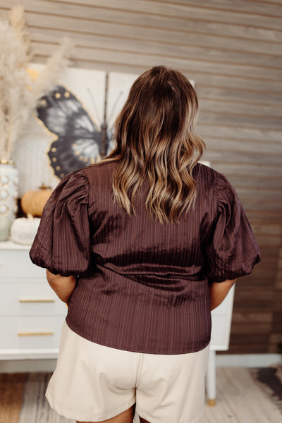 Brown Textured Puff Sleeve Notch Neck Blouse