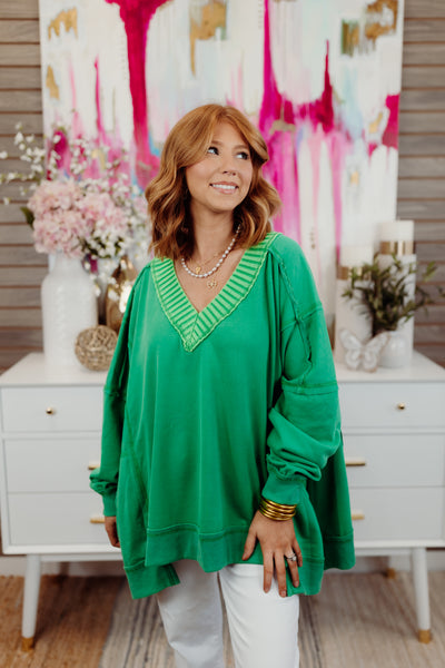 Green V-Neck Oversized Reverse Seam Pullover