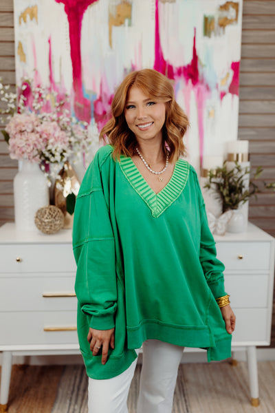 Green V-Neck Oversized Reverse Seam Pullover