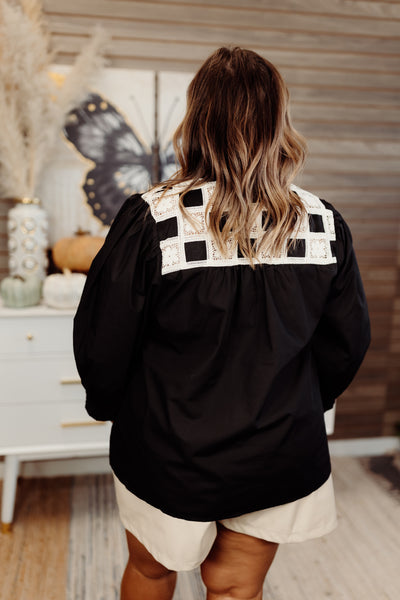 Black Crochet Lace Detail 3/4 Sleeve Top