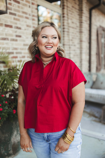 Karlie Burgundy Solid Poplin Collared Top