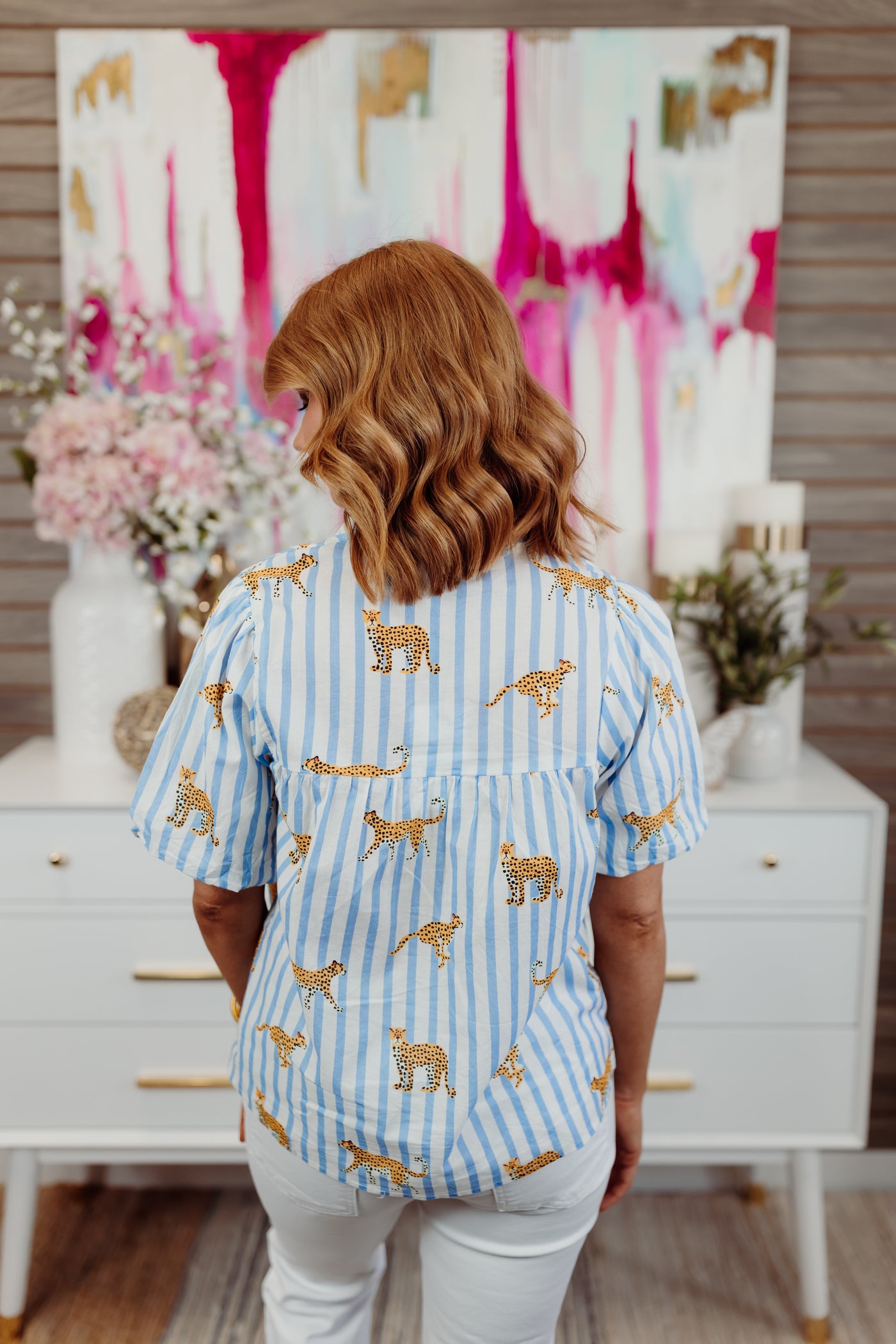 Light Blue Cheetah Striped Puff Sleeve Blouse