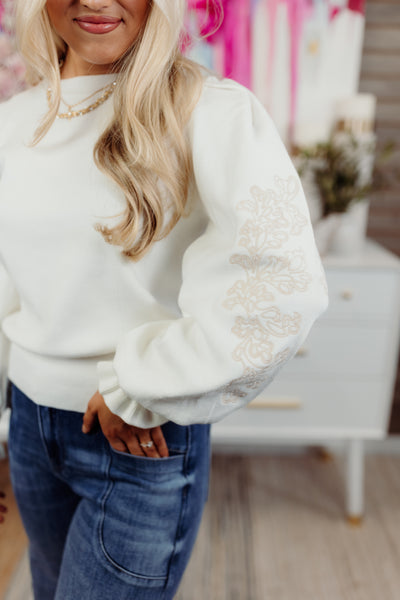 Cream Embroidered Frill Cuff Sleeve Sweater