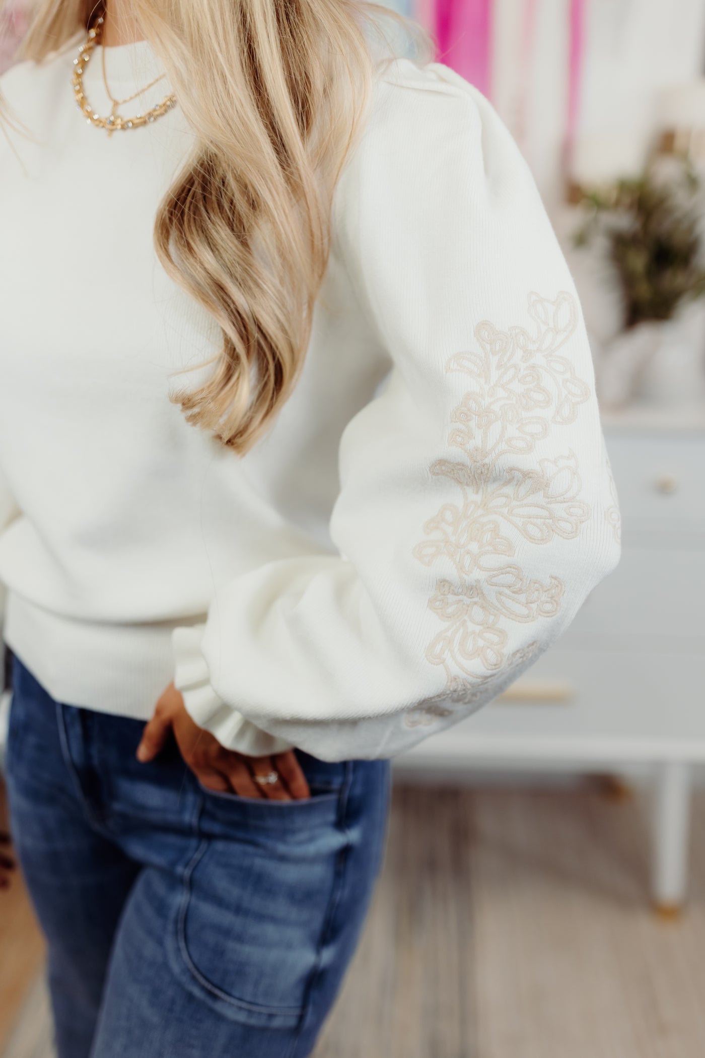 Cream Embroidered Frill Cuff Sleeve Sweater