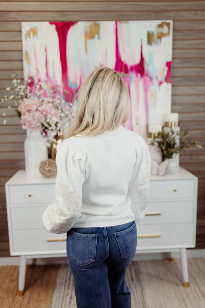 Cream Embroidered Frill Cuff Sleeve Sweater