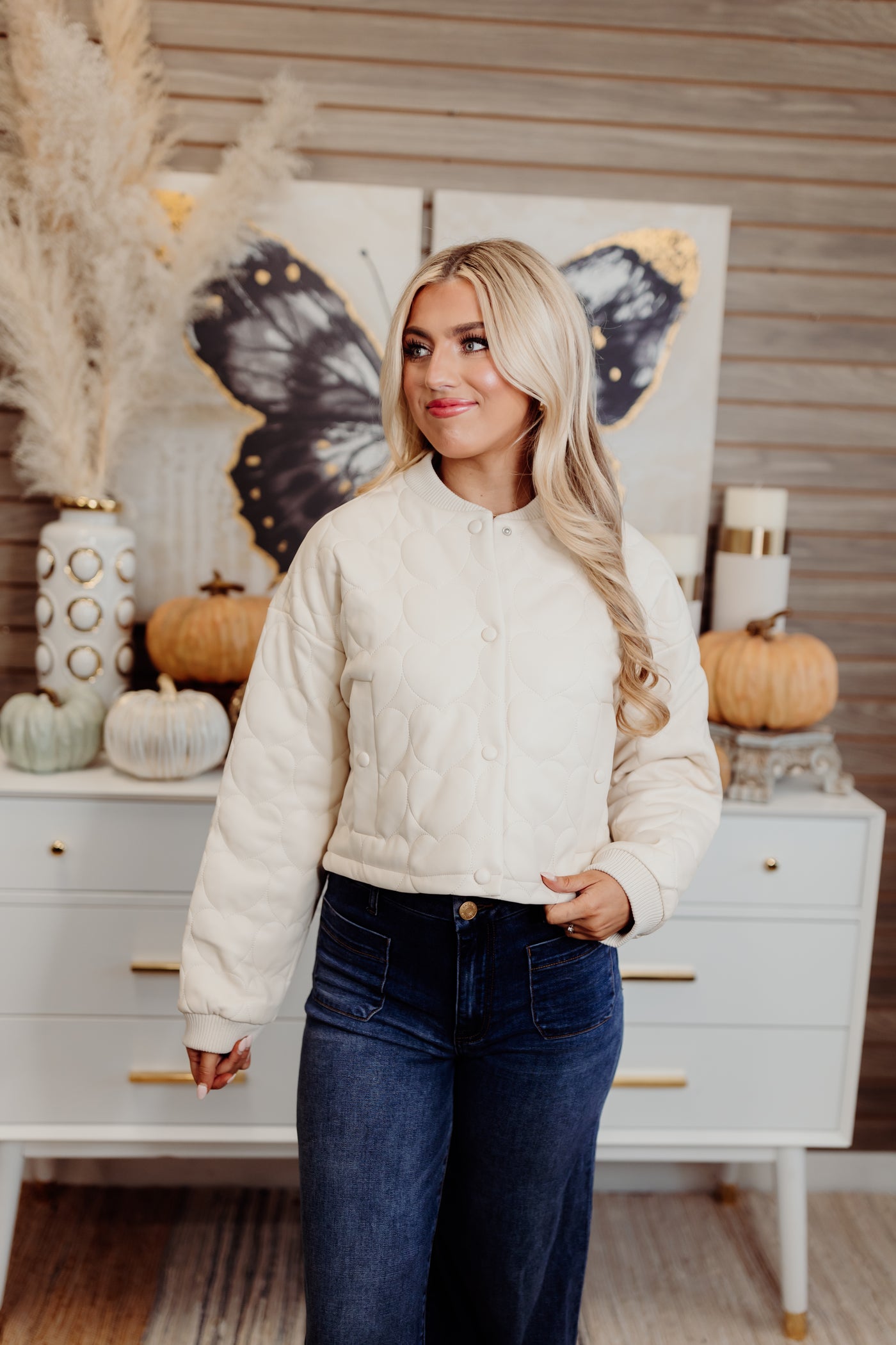 Dolce Cabo Creme Faux Leather Heart Quilted Jacket