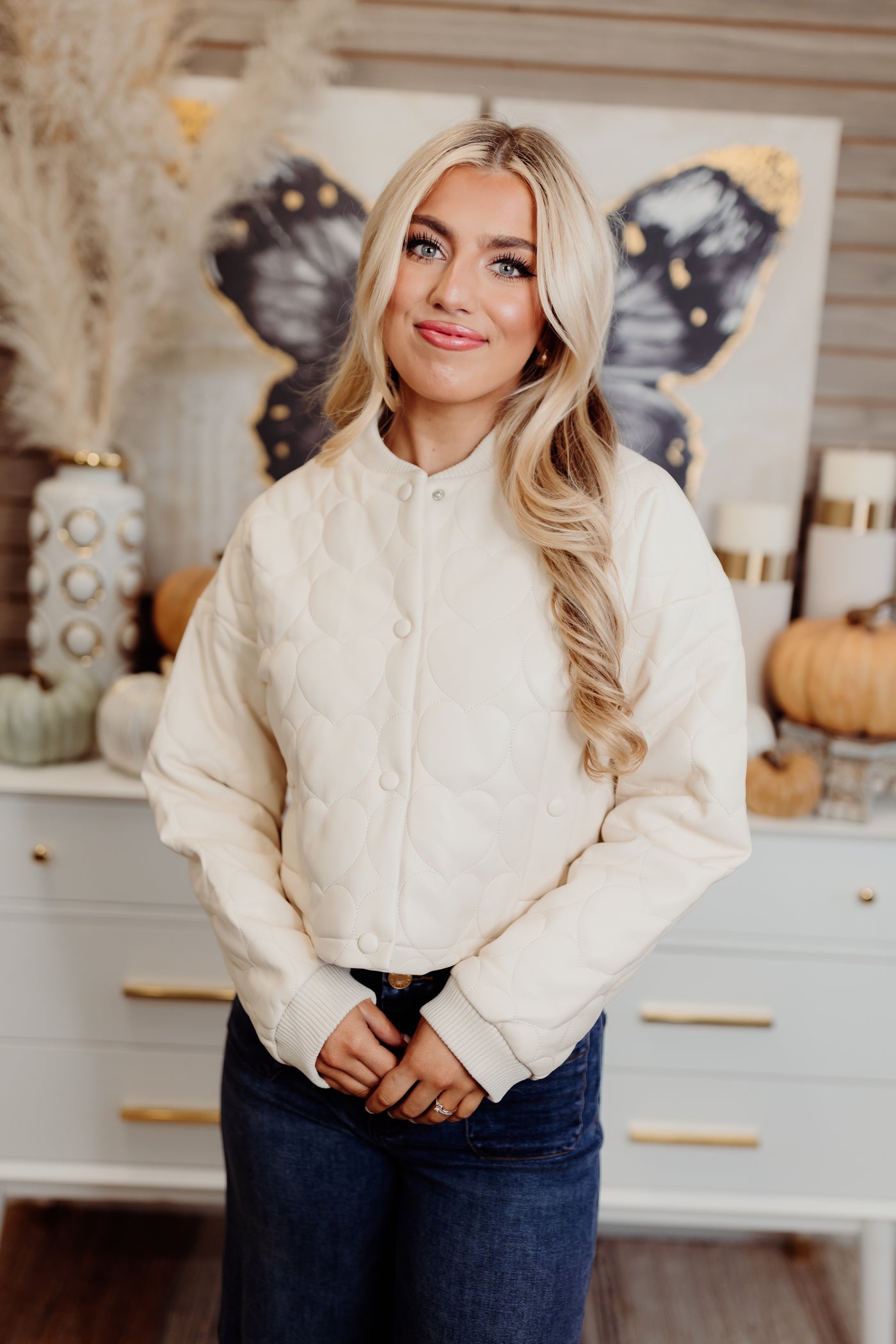 Dolce Cabo Creme Faux Leather Heart Quilted Jacket