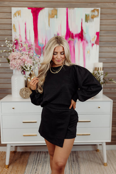 Black Textured Pullover and Wrap Skort Set