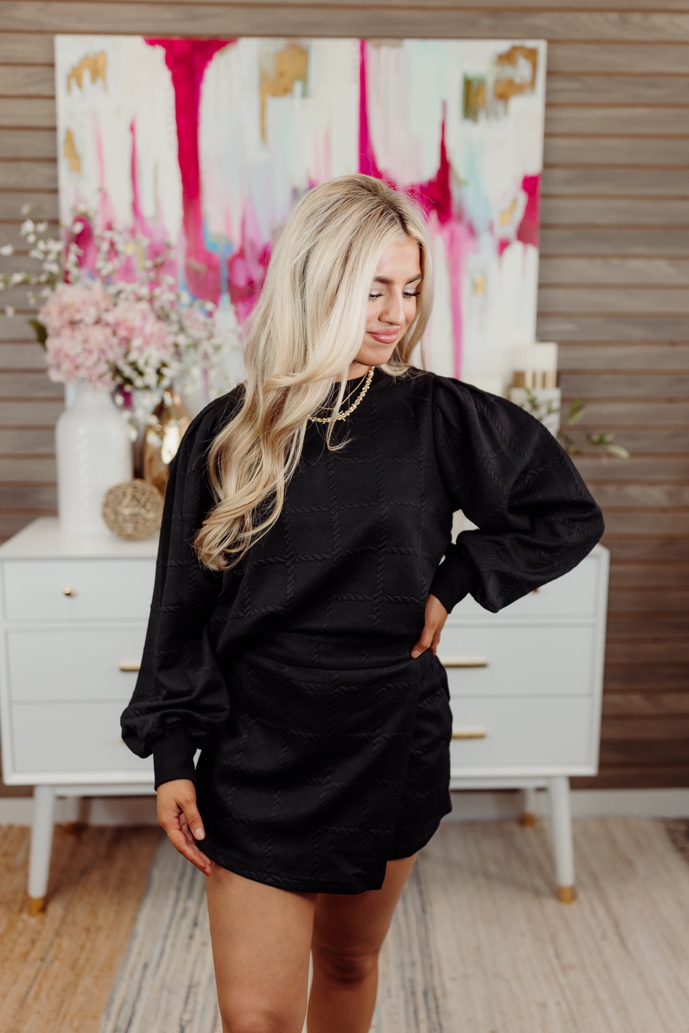 Black Textured Pullover and Wrap Skort Set