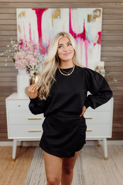 Black Textured Pullover and Wrap Skort Set