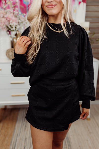 Black Textured Pullover and Wrap Skort Set