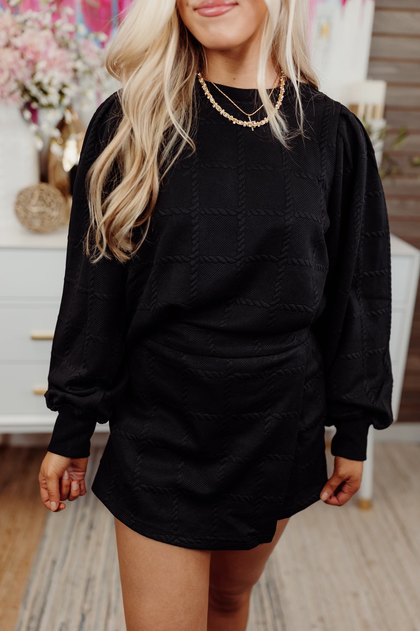 Black Textured Pullover and Wrap Skort Set