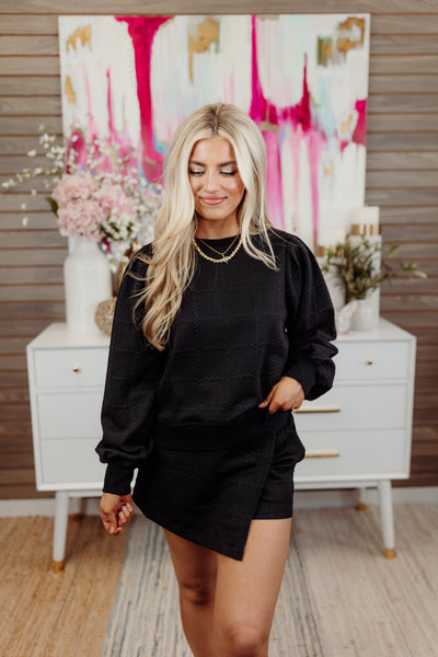 Black Textured Pullover and Wrap Skort Set