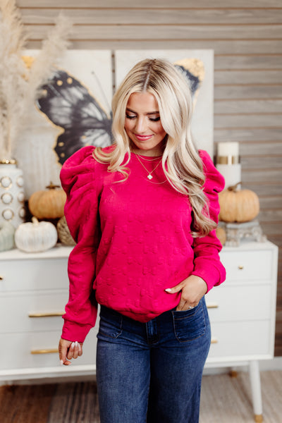 Ruby Bow Jacquard Puff Sleeve Knit Blouse