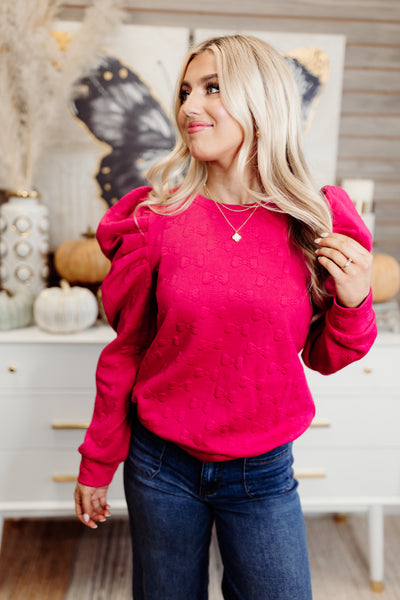 Ruby Bow Jacquard Puff Sleeve Knit Blouse