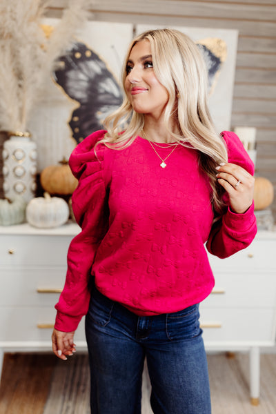 Ruby Bow Jacquard Puff Sleeve Knit Blouse