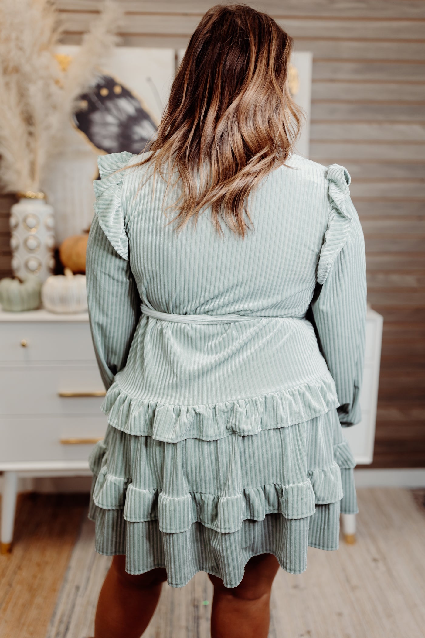 Sage Ruffle Detail Belted Velvet Dress