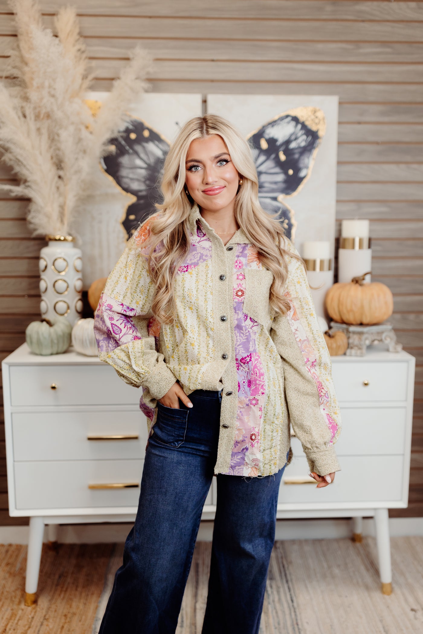 Beige Multi Lace Contrast Floral Button Down Shirt