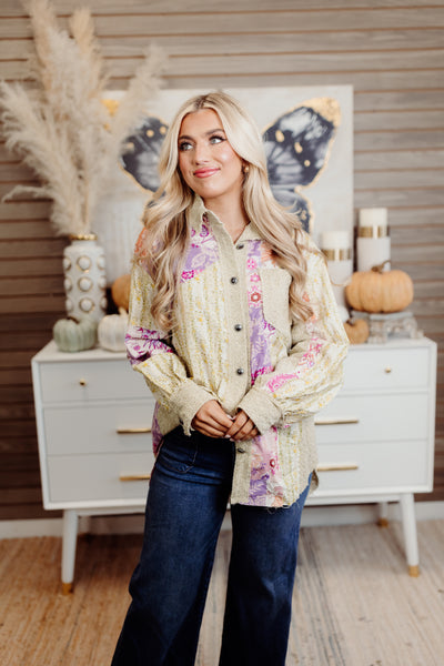 Beige Multi Lace Contrast Floral Button Down Shirt