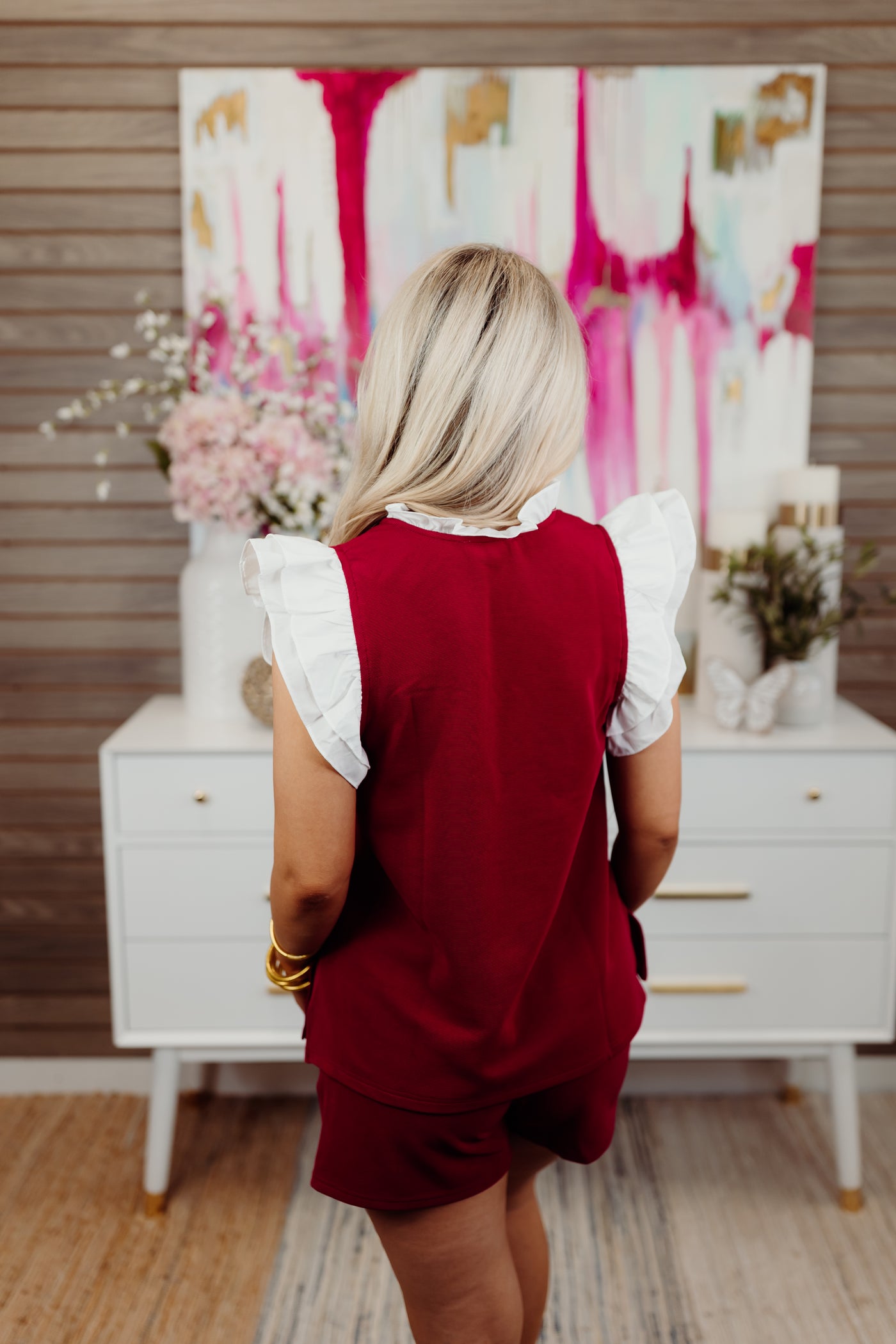 Garnet Textured Flutter Sleeve Top and Short Set