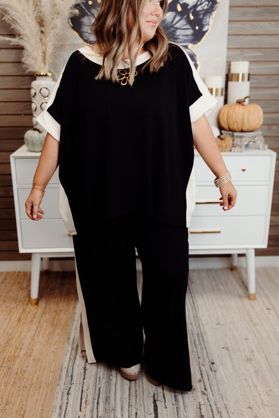 Black Ribbed Contrast Trim Top and Wide Leg Pant Set