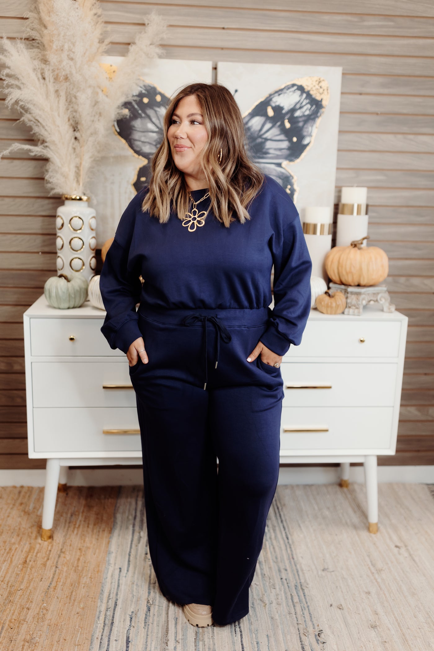 Navy Long Sleeve Solid Knit Comfy Jumpsuit