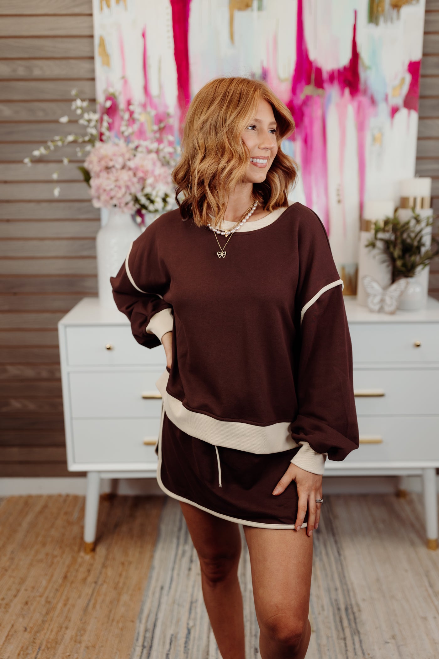 Espresso Contrast Trim Long Sleeve Top and Skirt Set