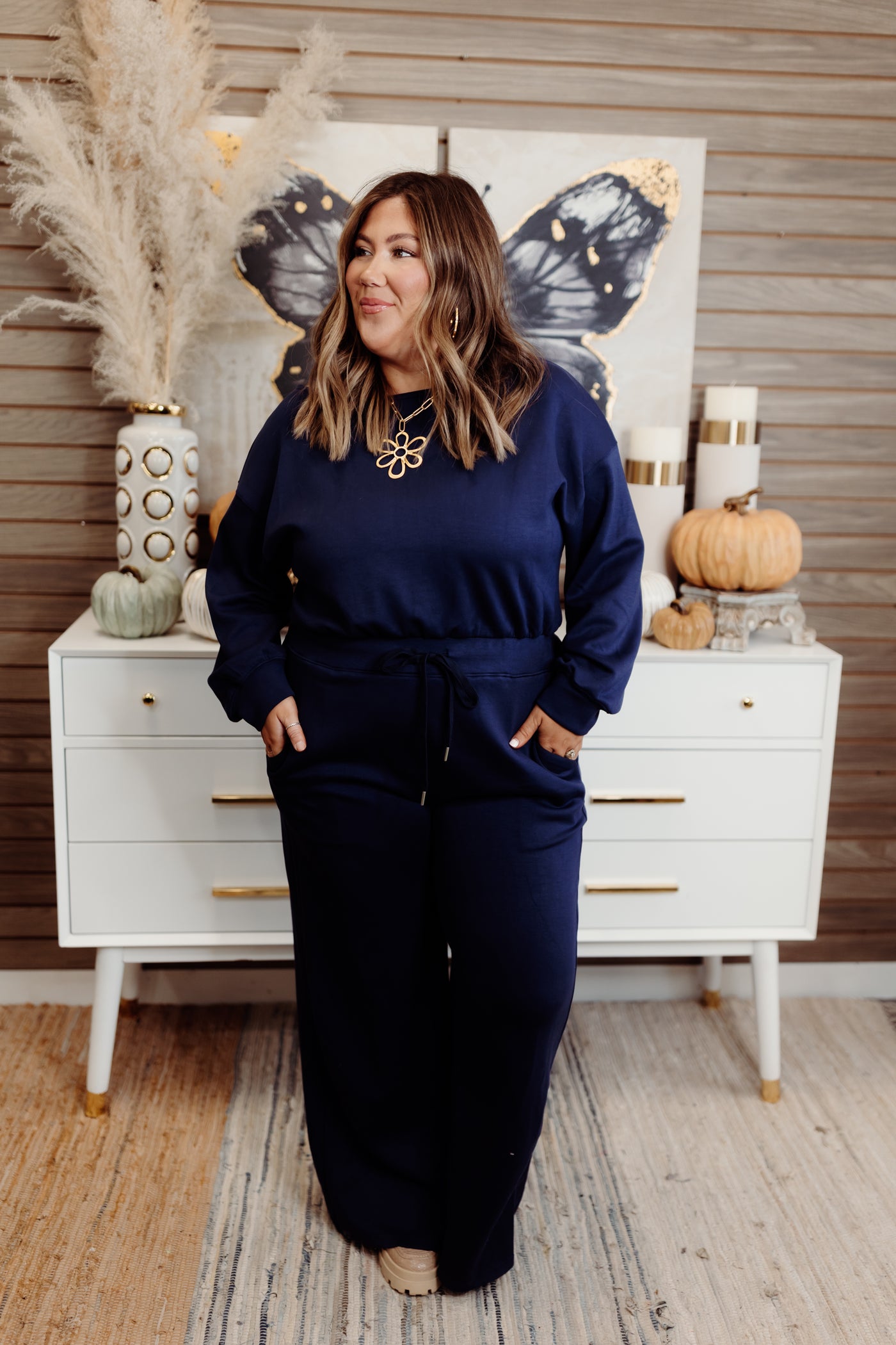 Navy Long Sleeve Solid Knit Comfy Jumpsuit