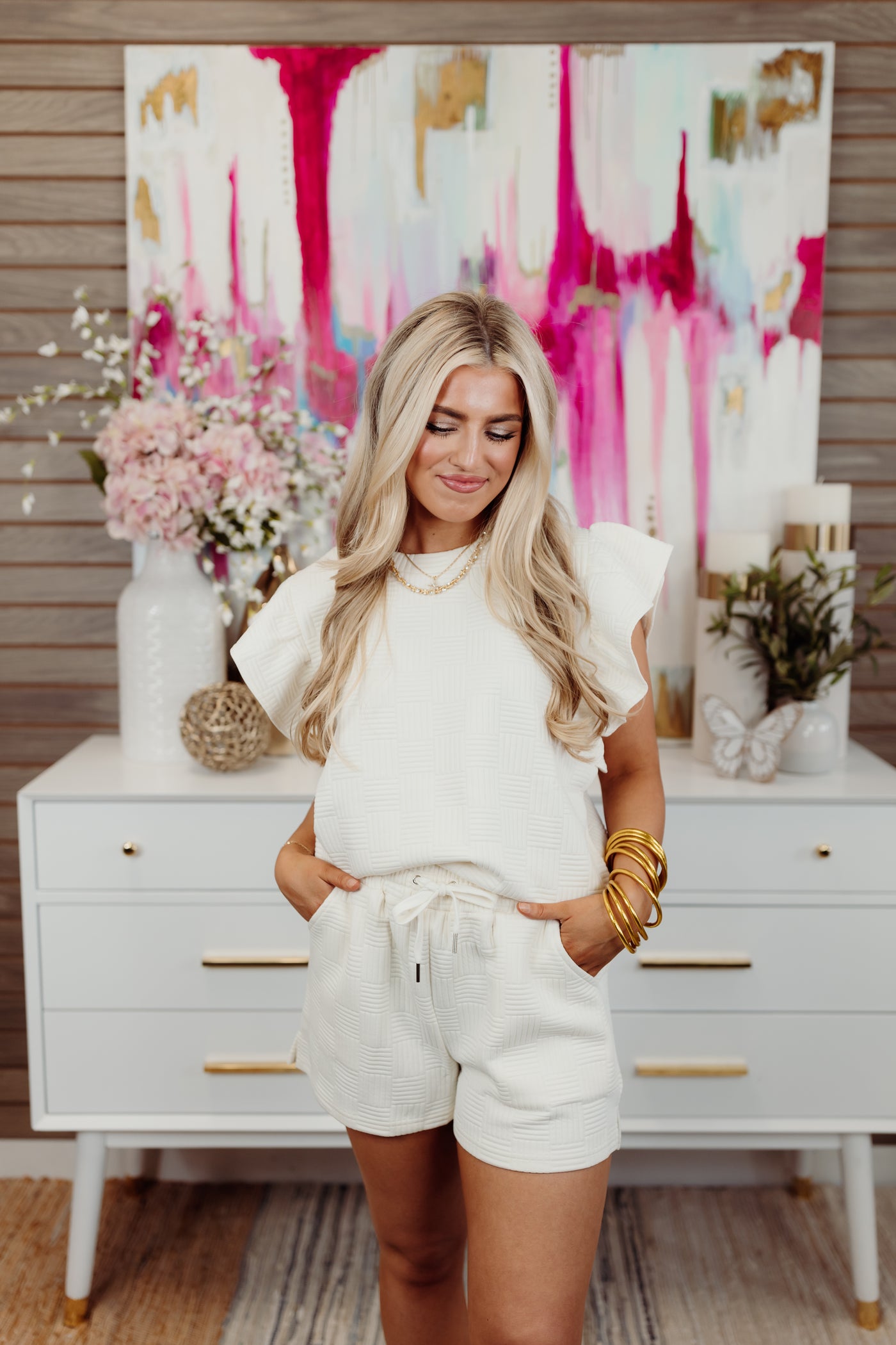 Ivory Textured Flutter Sleeve Top and Short Set