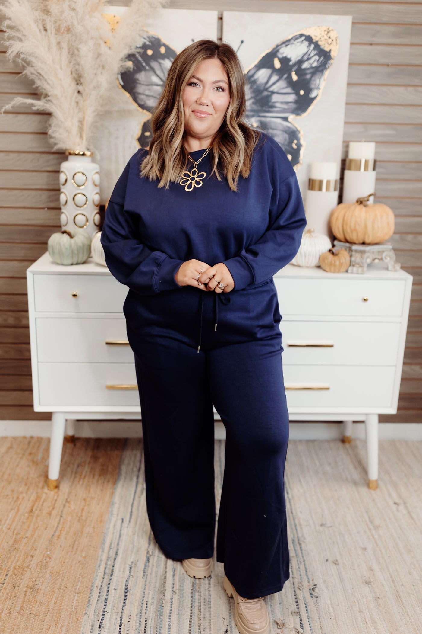 Navy Long Sleeve Solid Knit Comfy Jumpsuit