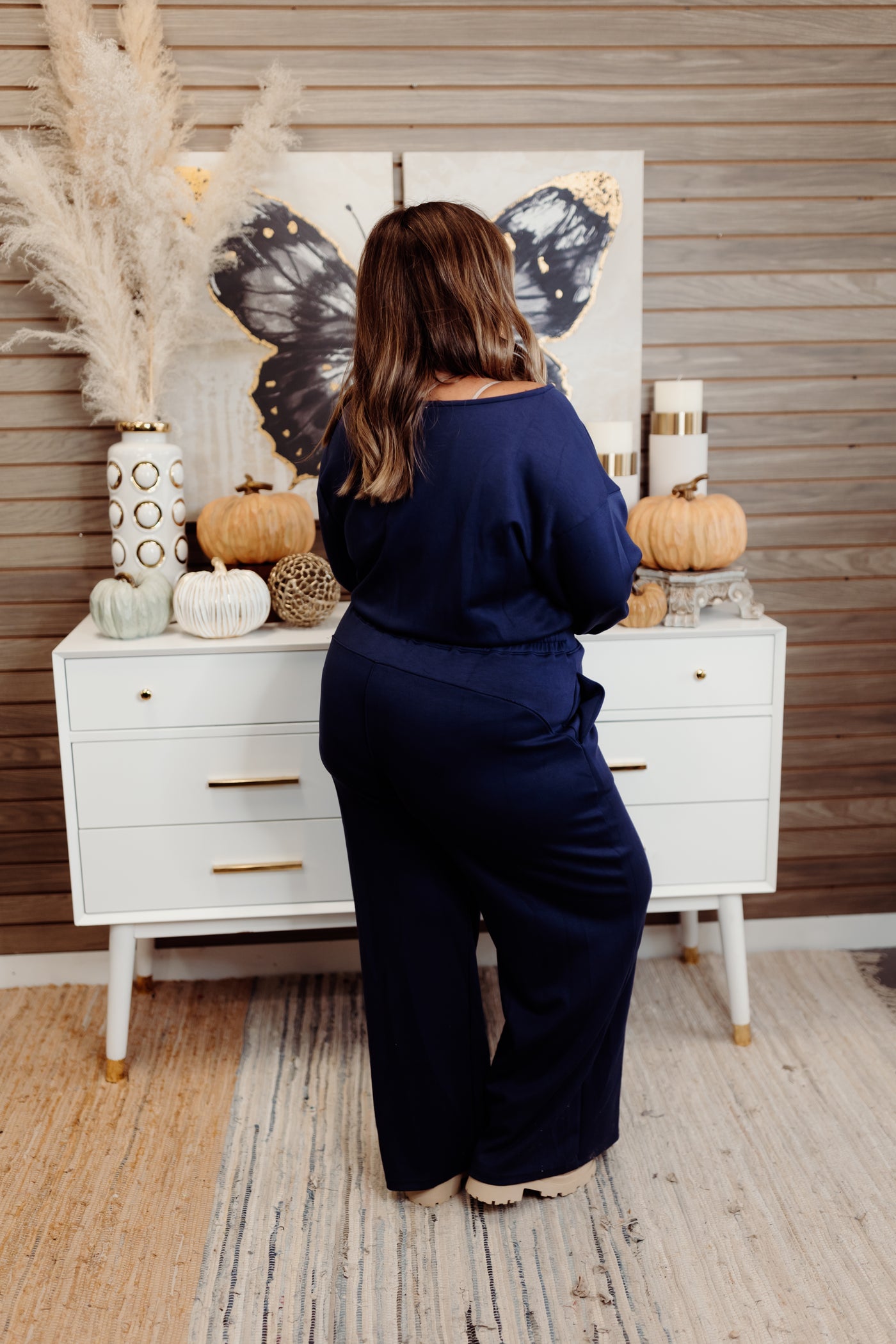 Navy Long Sleeve Solid Knit Comfy Jumpsuit